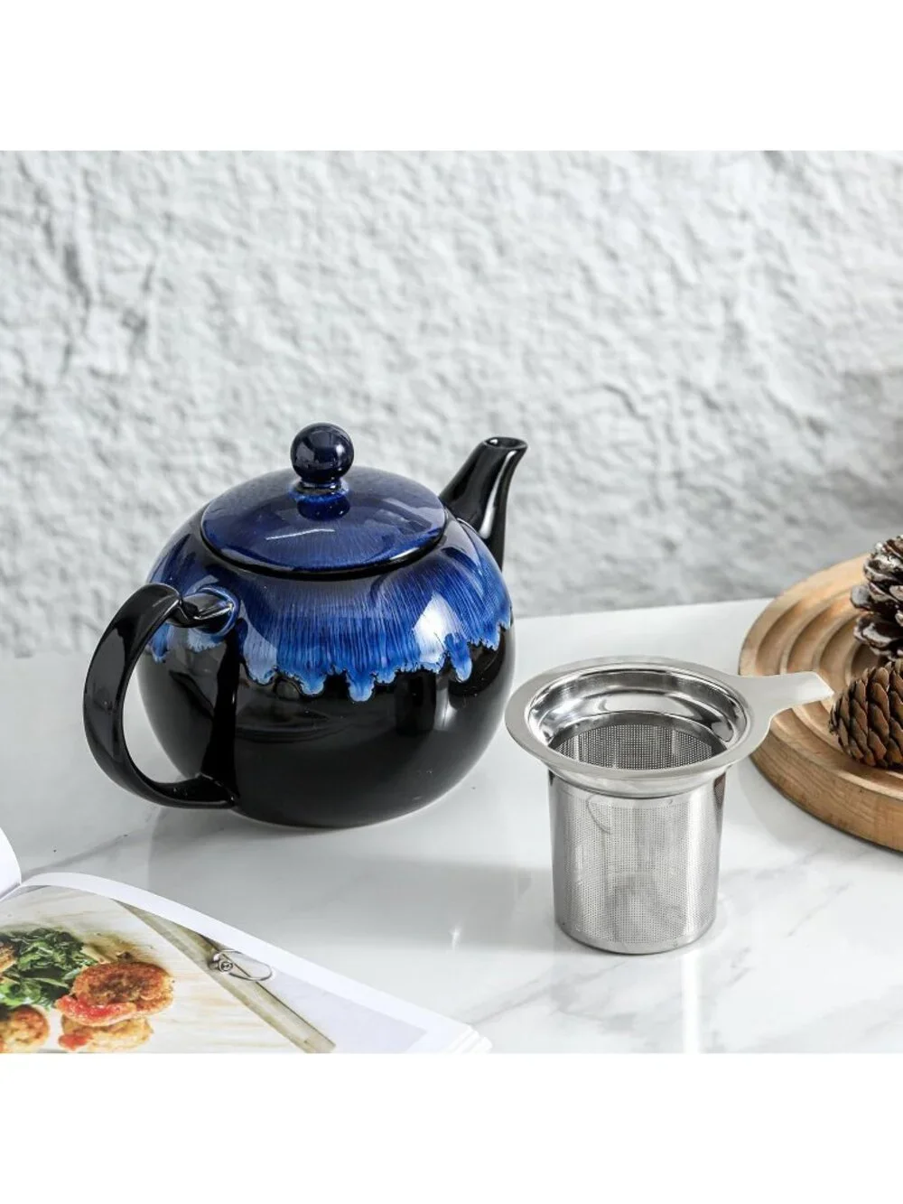 Nebula Blue Ceramic Kitchen Teapot with Infuser 34OZ 6 Cups Loose Tea Strainers
